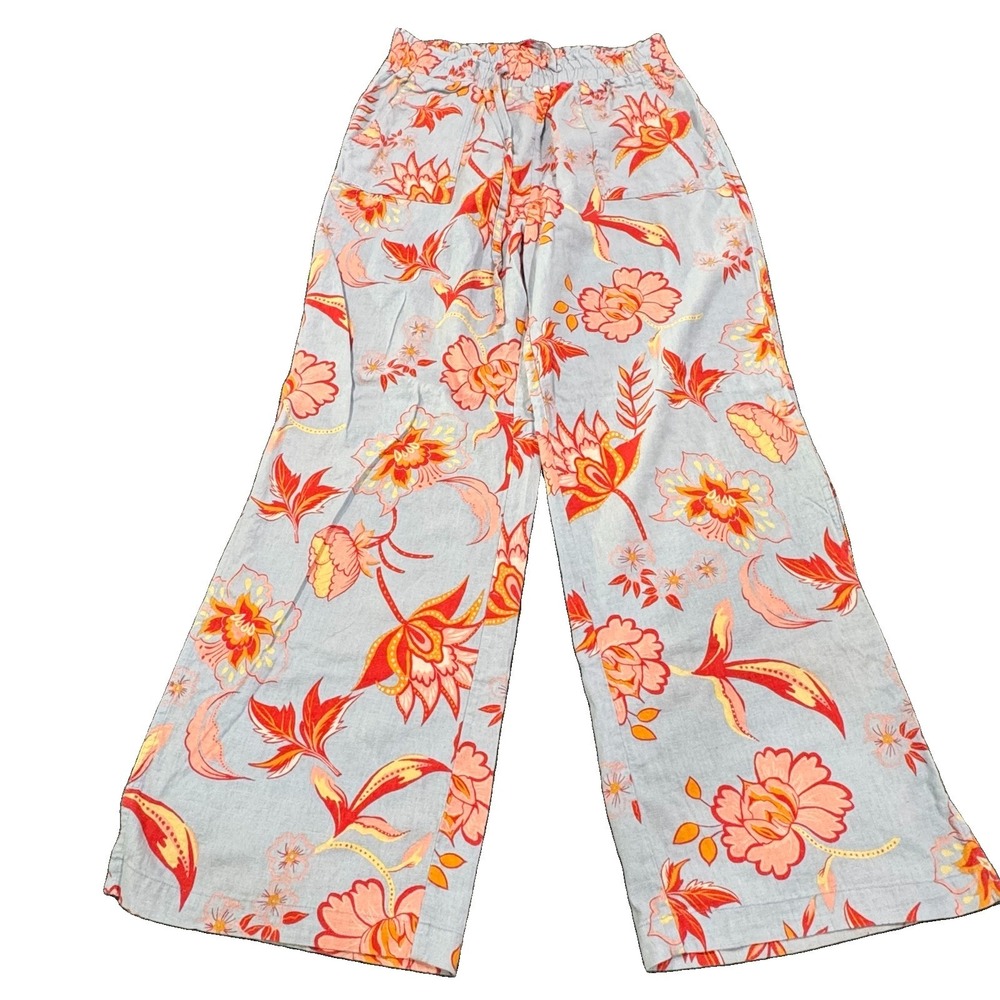 Calligraphie Womens XL Blue Floral Linen Blend Wide Leg Pants Beach Resort